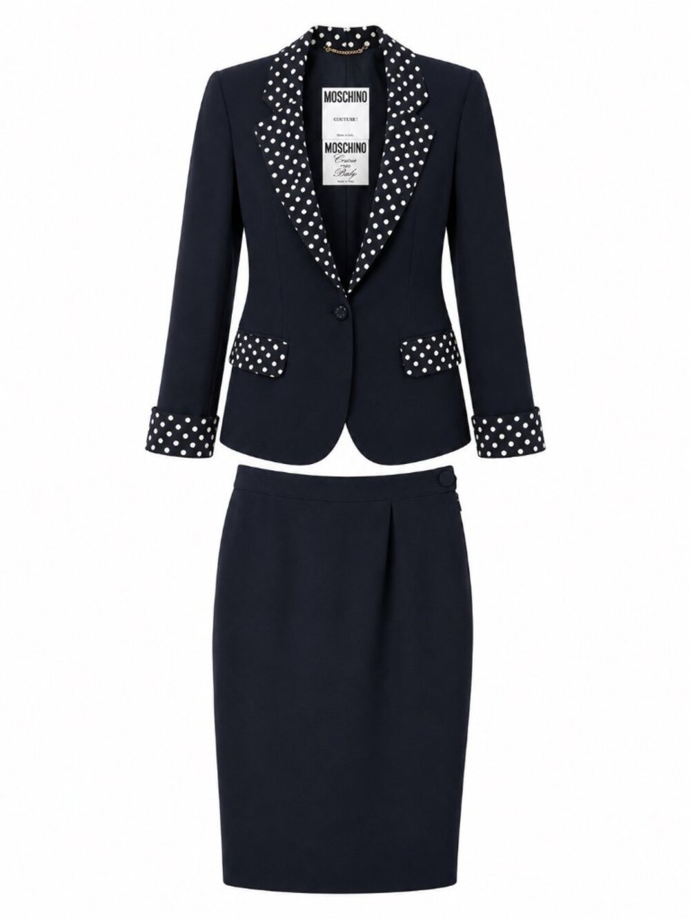 Moschino Navy Polka Dot Trim Blazer & Pencil Skirt Set Womens Size M